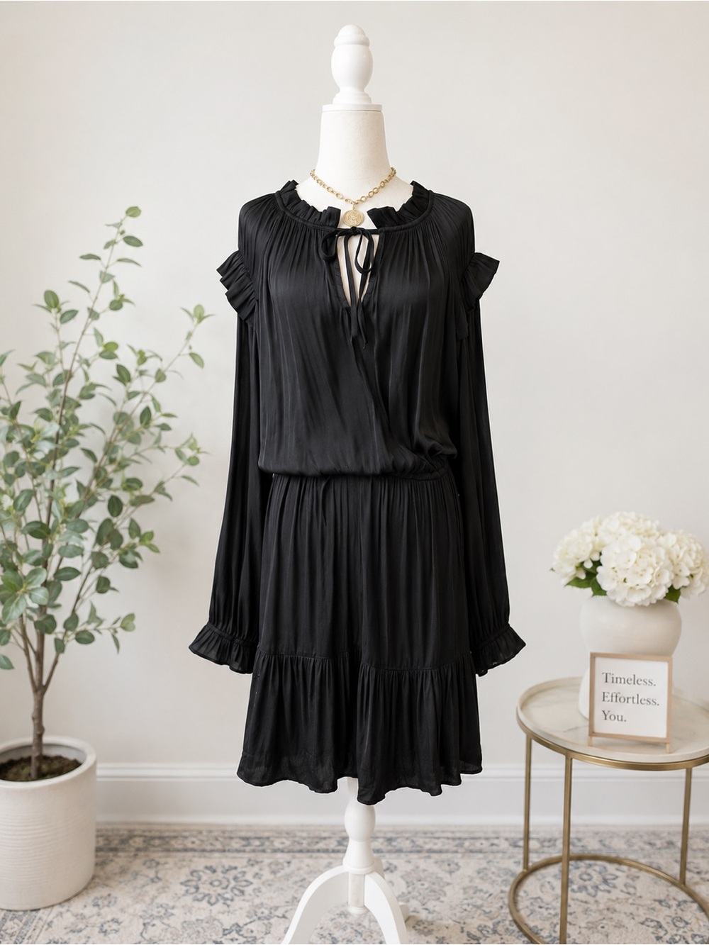 GAP Black Ruffled V-Neck Long Sleeve Dress